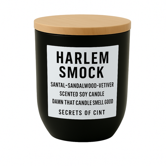 Harlem Smock 8oz soy candle in a black vessel with bamboo lid, featuring a bold masculine scent of santal, sandalwood, and vetiver. Hand poured, non-toxic, and clean burning.