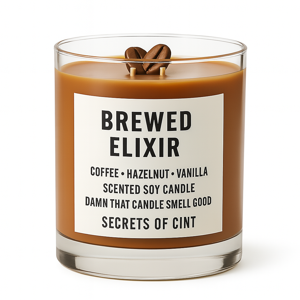 Brown soy candle labeled “Brewed Elixir” by Secrets of Cint, featuring coffee, hazelnut, and vanilla fragrance, sitting on roasted coffee beans.