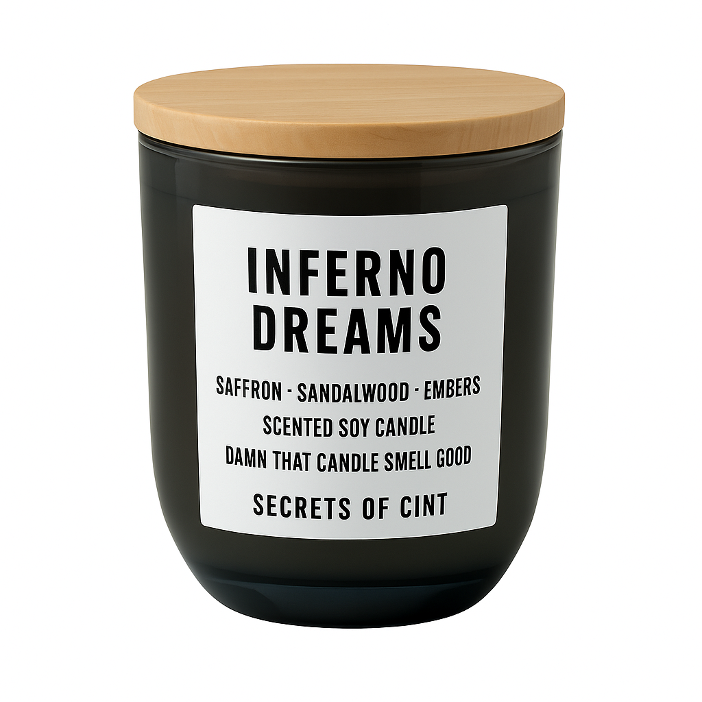 soy candle by Secrets of Cint in smoky black vessel with wooden lid and saffron, sandalwood, and ember fragrance notes.