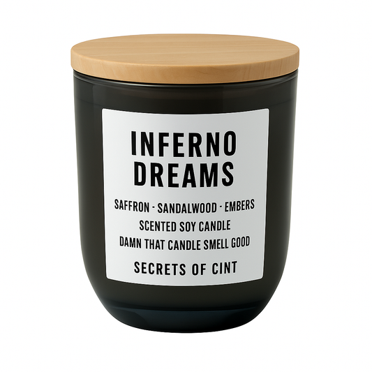 soy candle by Secrets of Cint in smoky black vessel with wooden lid and saffron, sandalwood, and ember fragrance notes.