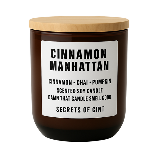 Cinnamon Manhattan soy candle in black glass vessel with bamboo lid, scented with cinnamon, chai, and pumpkin – Secrets of Cint