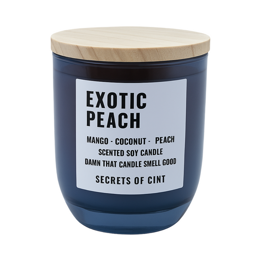 Exotic Peach soy candle with sweet peach and vanilla blend in sleek black vessel