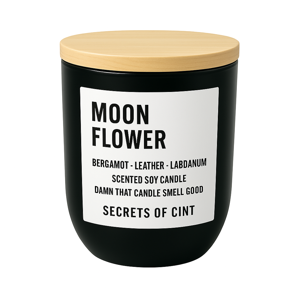 Moon Flower soy candle 8oz with floral musk scent in black vessel, bamboo wooden lid