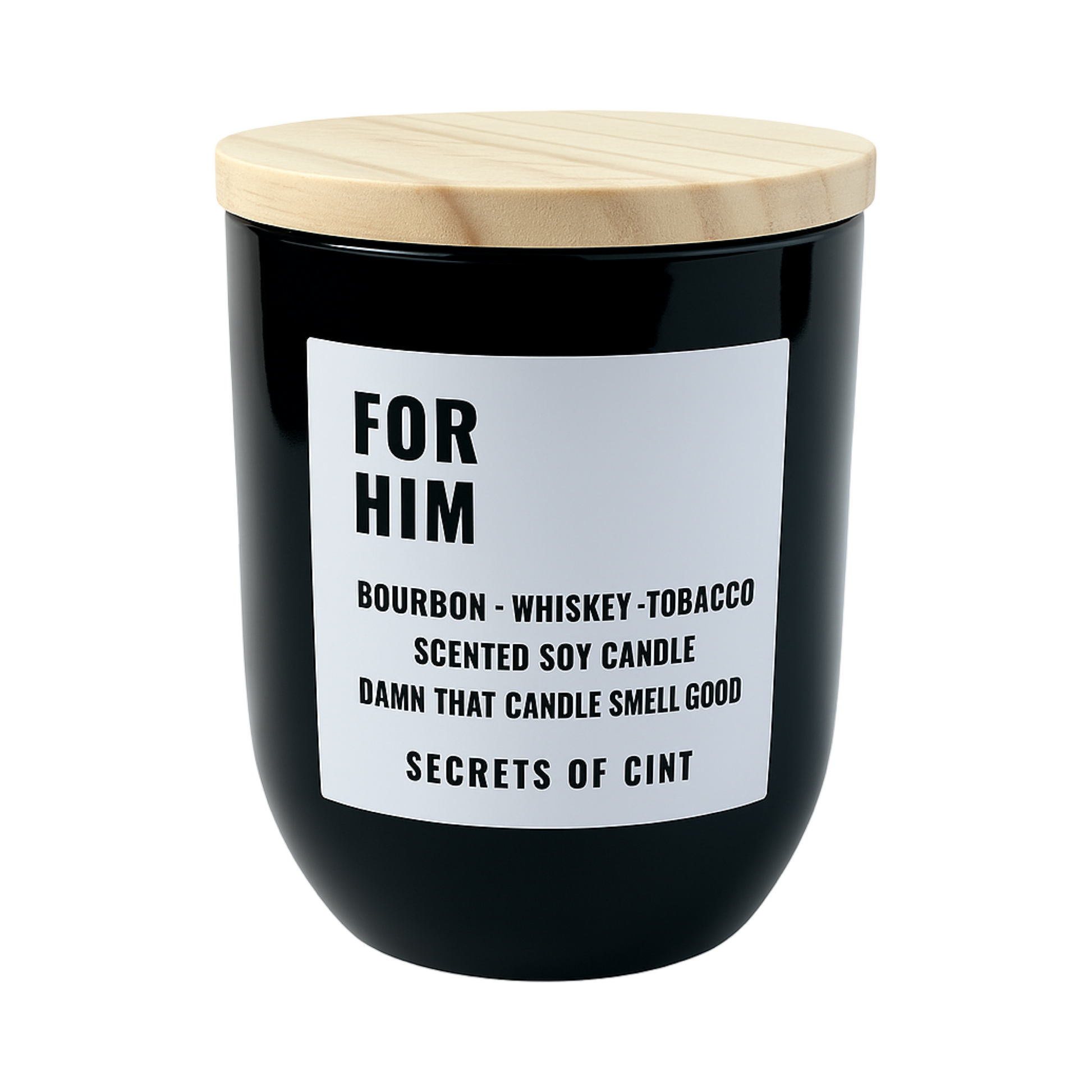 For Him soy candle with sandalwood, amber, and bourbon notes in matte black jar