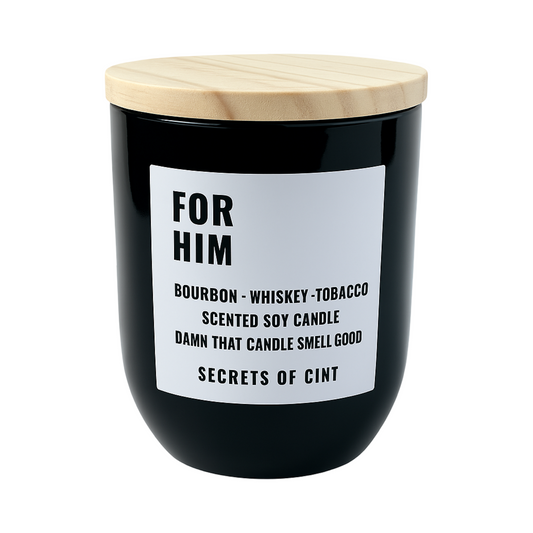 For Him soy candle with sandalwood, amber, and bourbon notes in matte black jar
