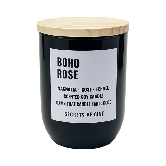 Bongo Rose candle with tropical fruit and fresh rose scent in reusable black jar