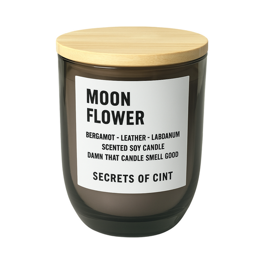 Moon Flower soy candle with floral musk scent in black vessel, handmade in San Francisco
